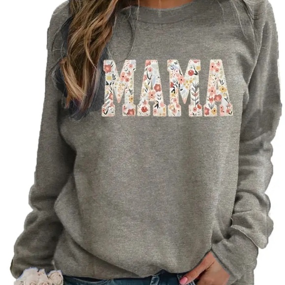Tops - Gray ‘Mama’ Floral Print Long Sleeve Teeshirt
